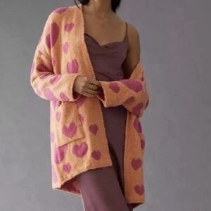 Maeve by Anthropologie Cozy Heart Open Front Cardigan In Orange Motif